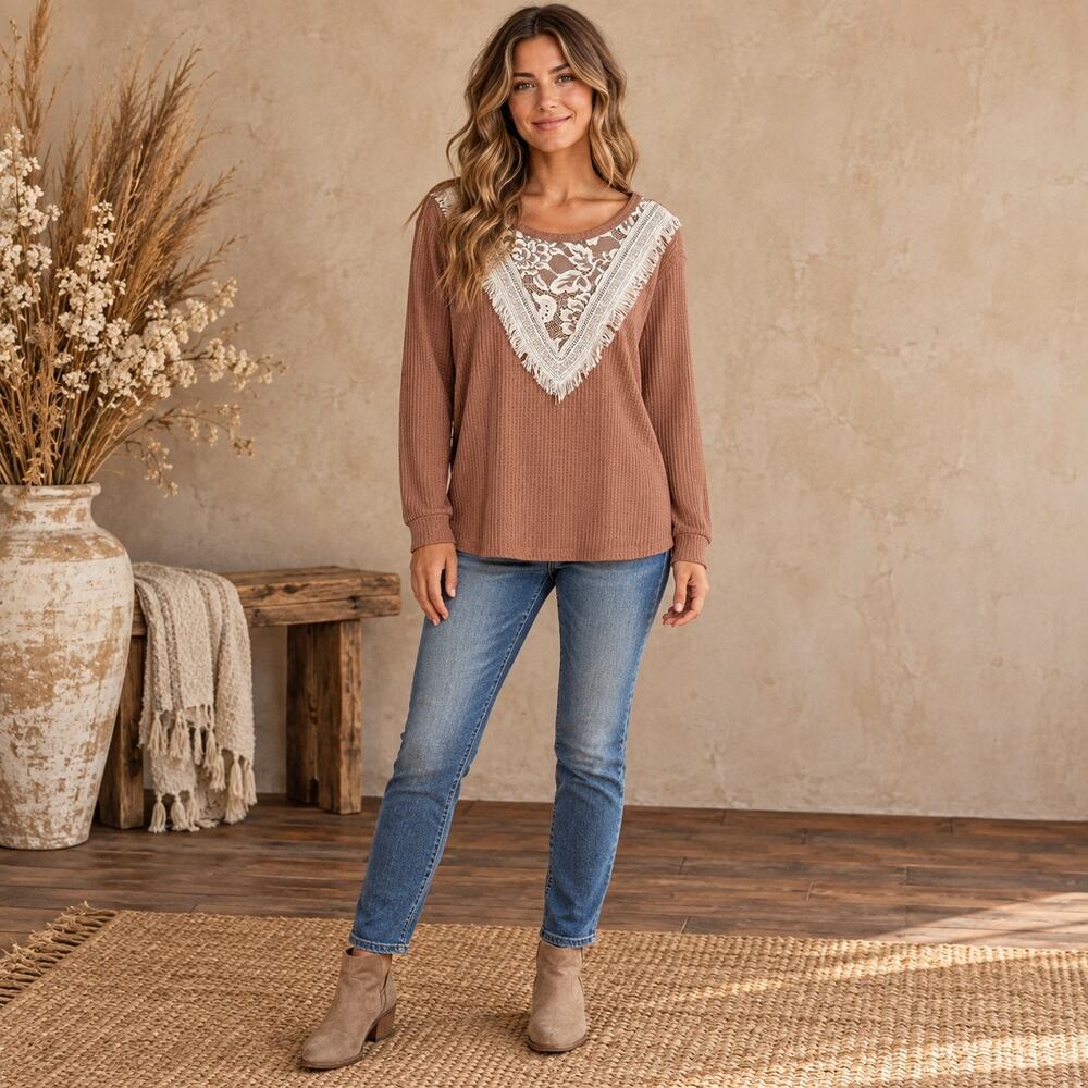 Bibi Mayve Waffle Knit Top White Floral Lace Yoke Boho Fall Women’s XL